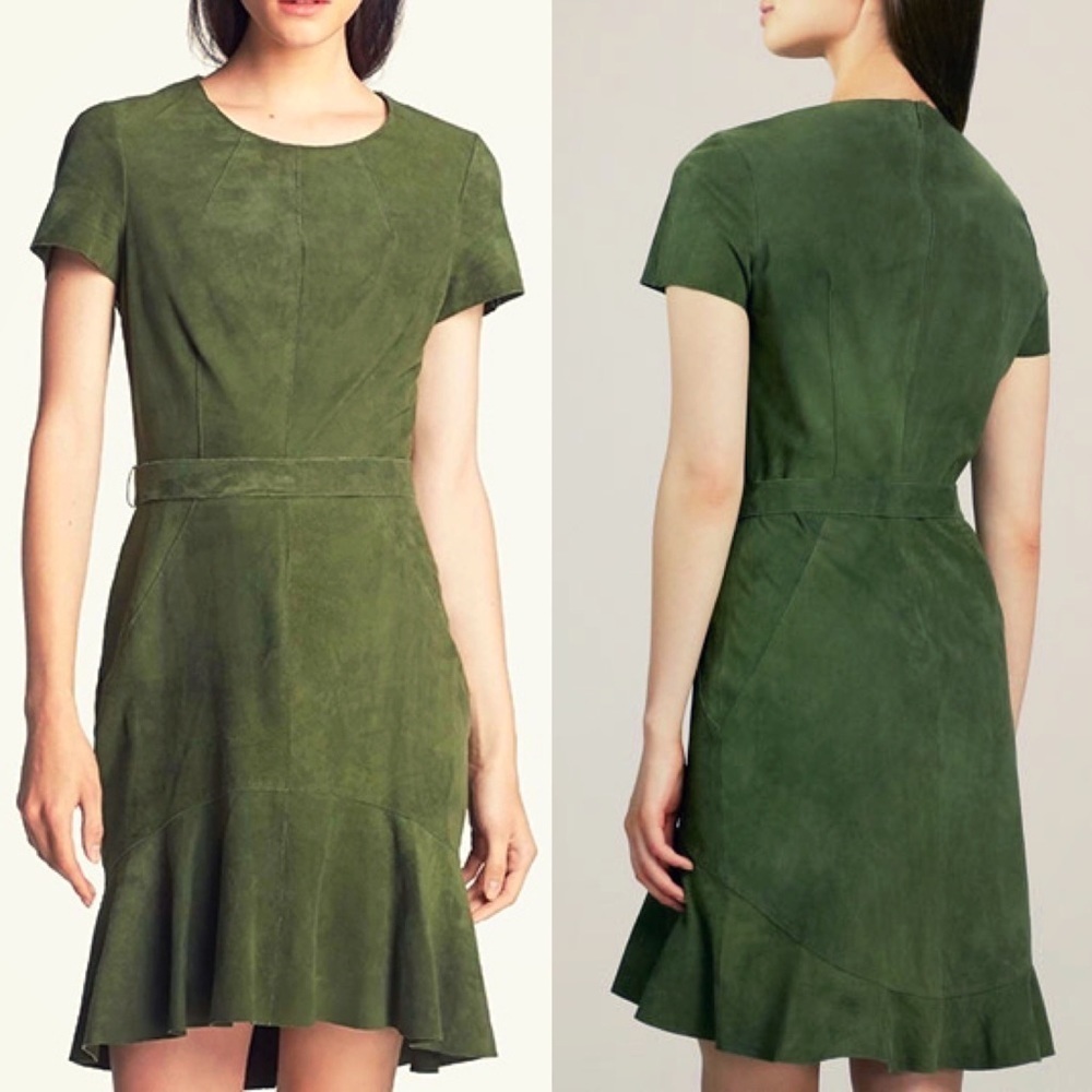 Rachel Zoe Olive Green Goat Suede ‘Seine’ Belted Dress ASO Meghan Markle Size 2